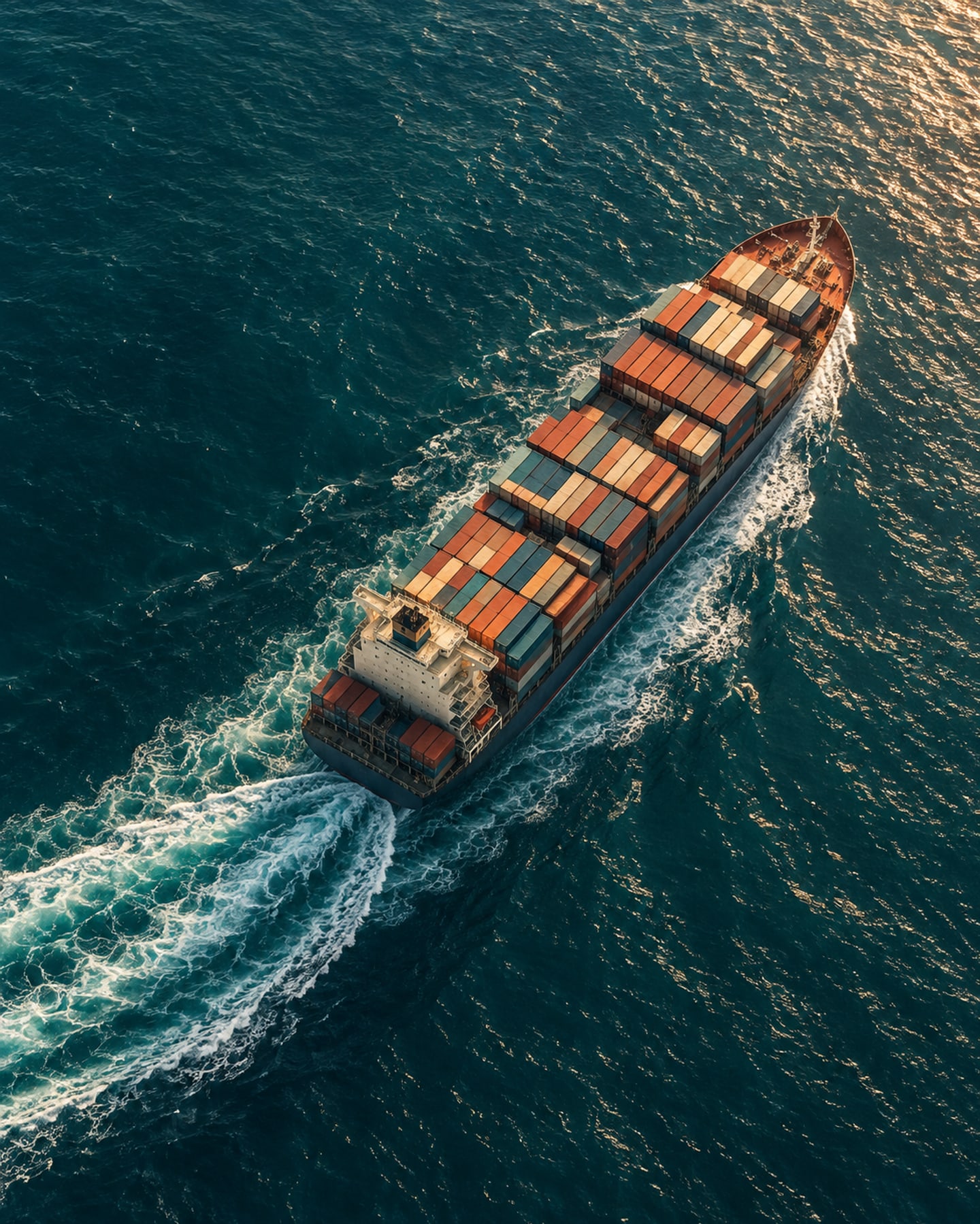 An illustrative image of international trade: a container ship at sea