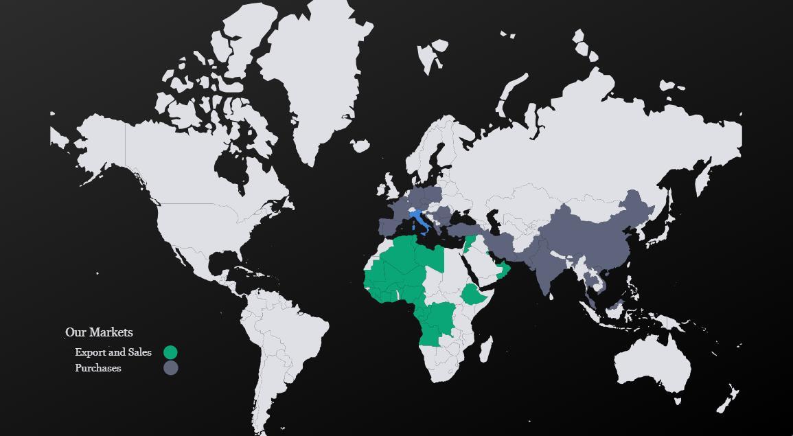 ILSA market map: export and sales countries in green, sourcing countries in blue-grey, as shown in the company profile
